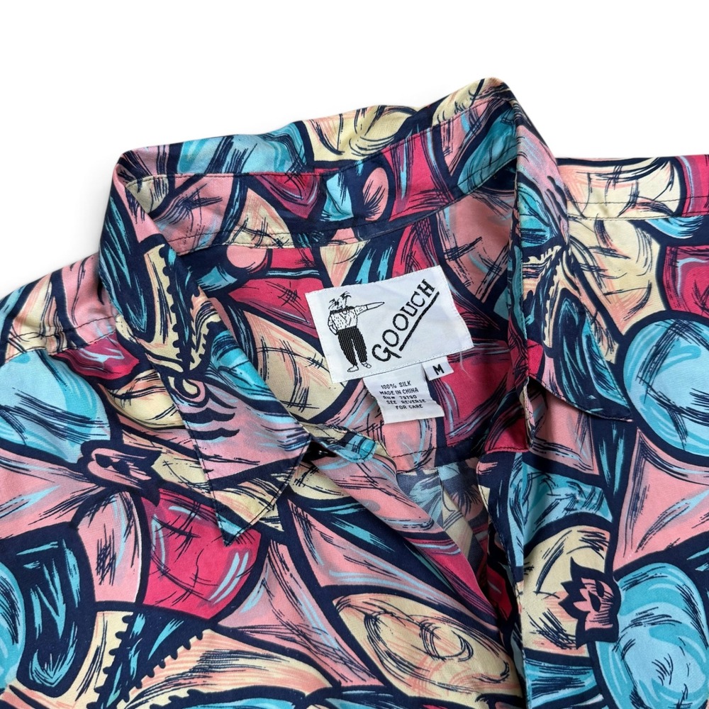 Vintage Goouch 100% Silk Abstract Print Short Sleeve Button Down Shirt Mens M
